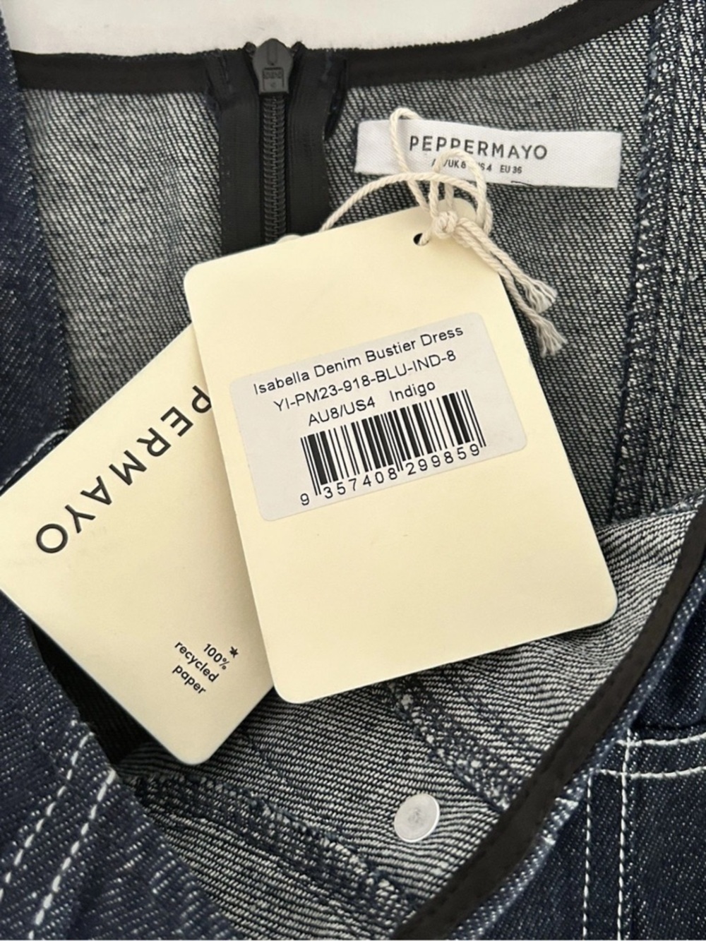 Peppermayo | Isabella Denim Bustier Dress Size 4 Blue Fit Flare Cap Sleeves - Picture 14 of 15
